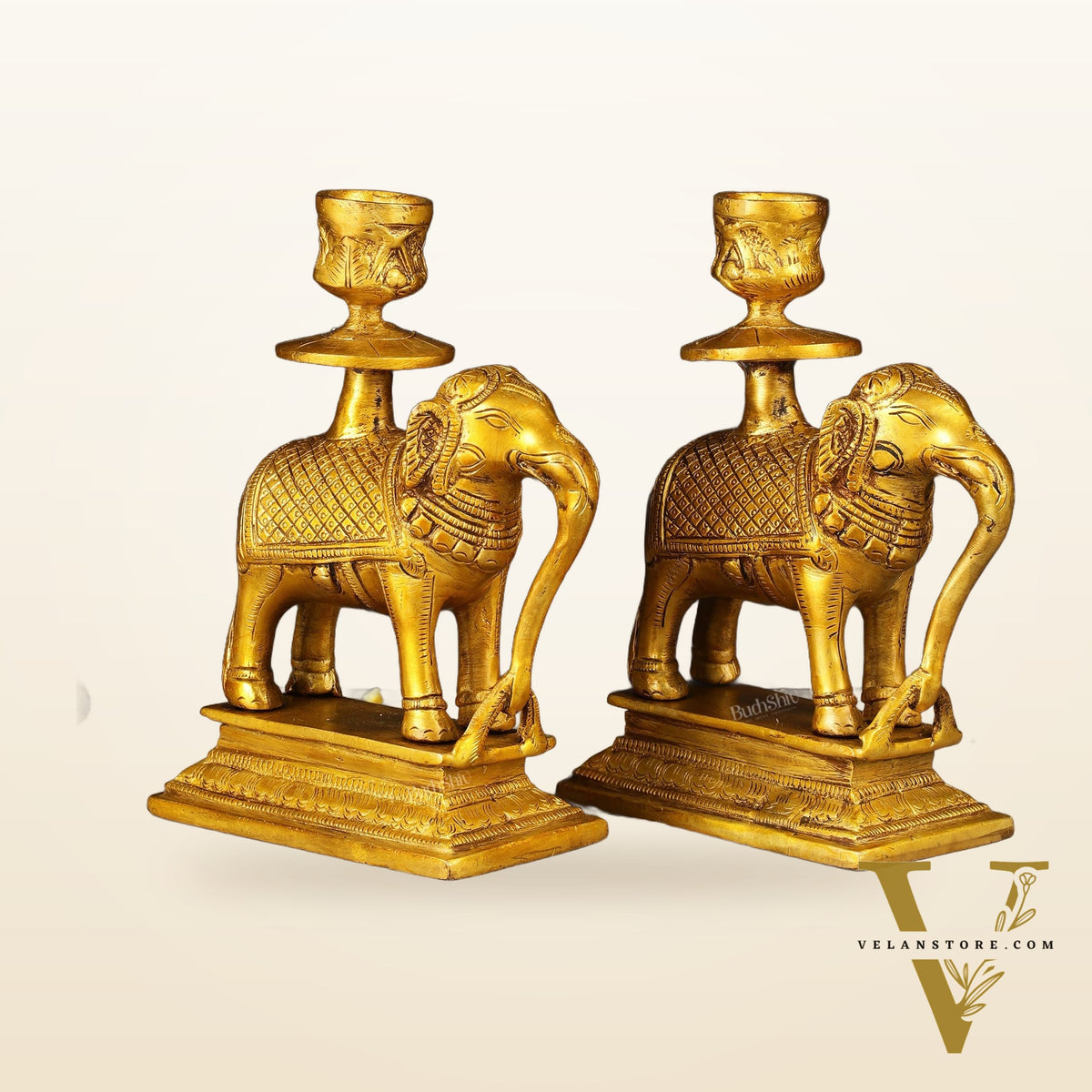 Pure Brass Pair of Elephant Candle Holders