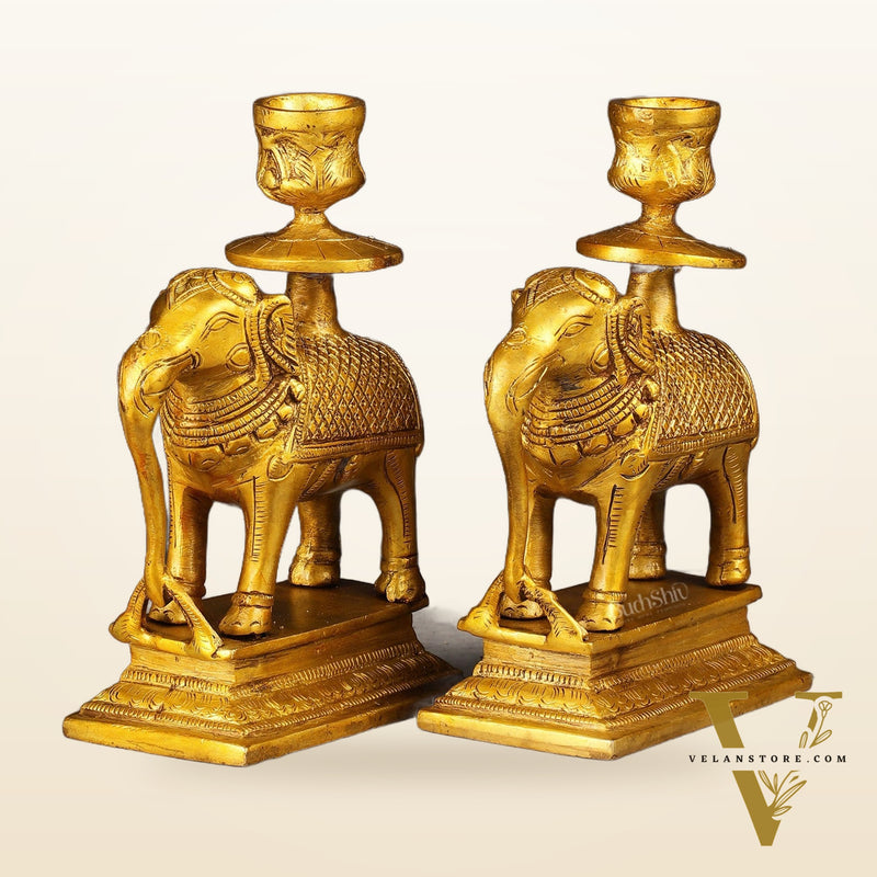 Pure Brass Pair of Elephant Candle Holders