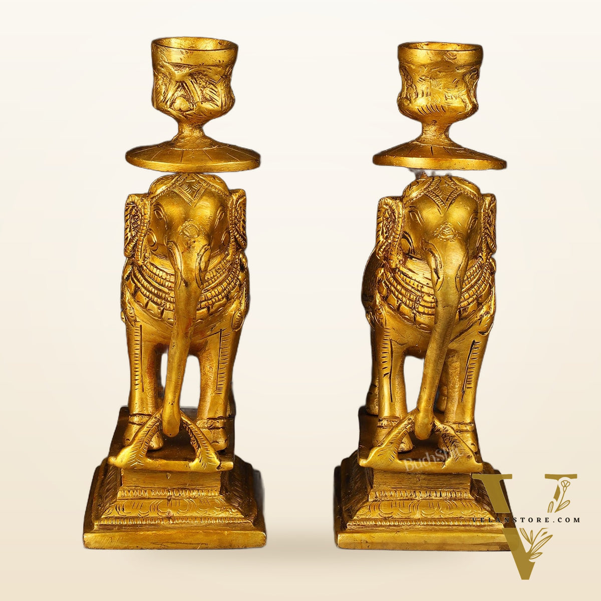 Pure Brass Pair of Elephant Candle Holders