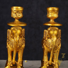 Pure Brass Pair of Elephant Candle Holders
