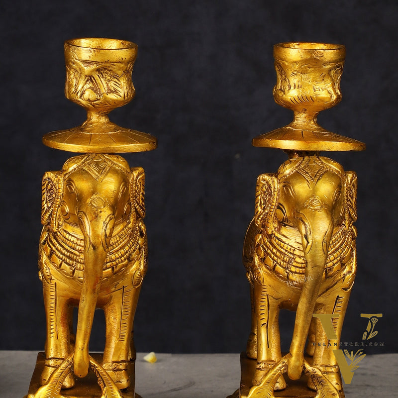 Pure Brass Pair of Elephant Candle Holders