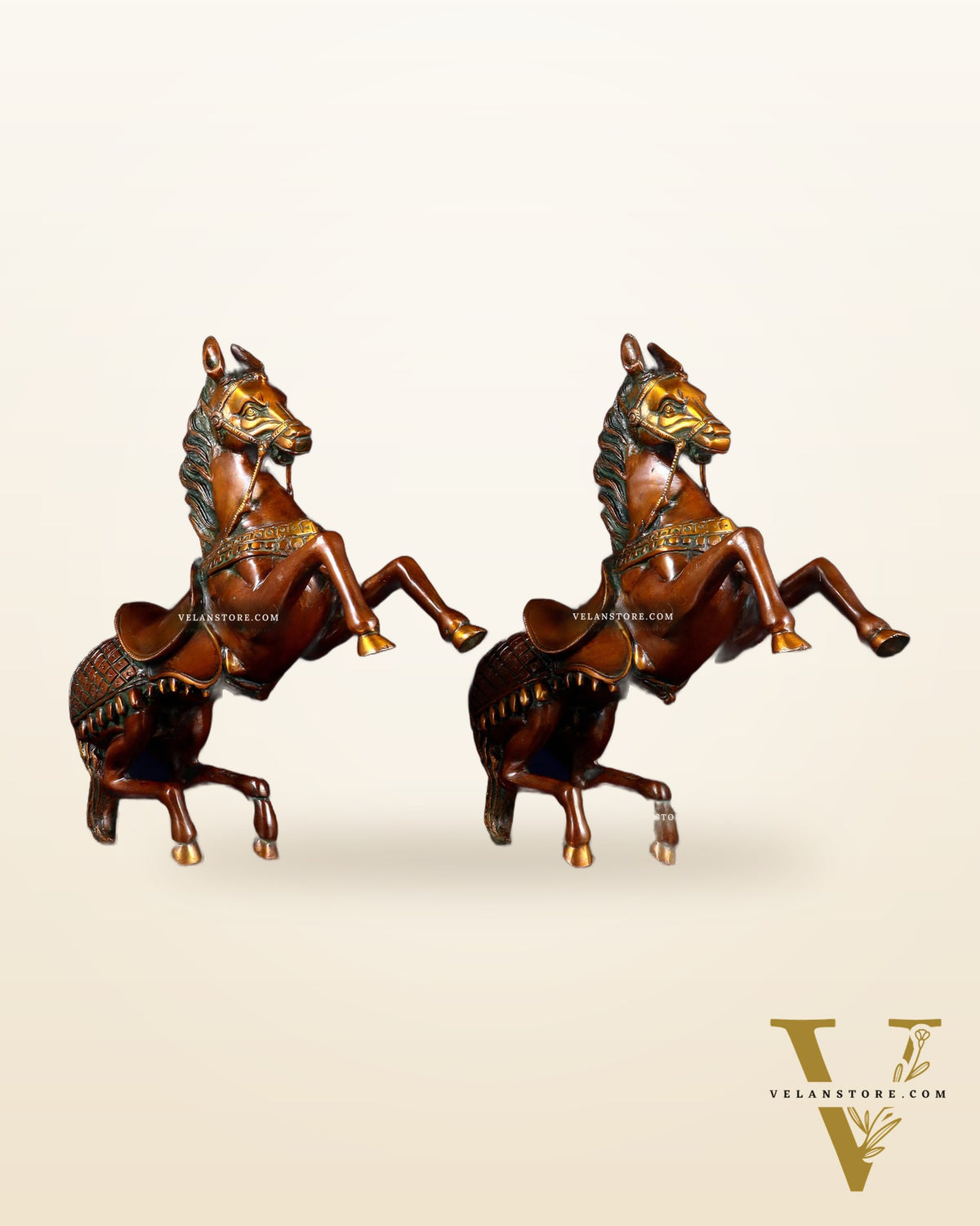 Pure Brass Pair of Horses with Raised Legs – Vintage Tone 11.5 inch each