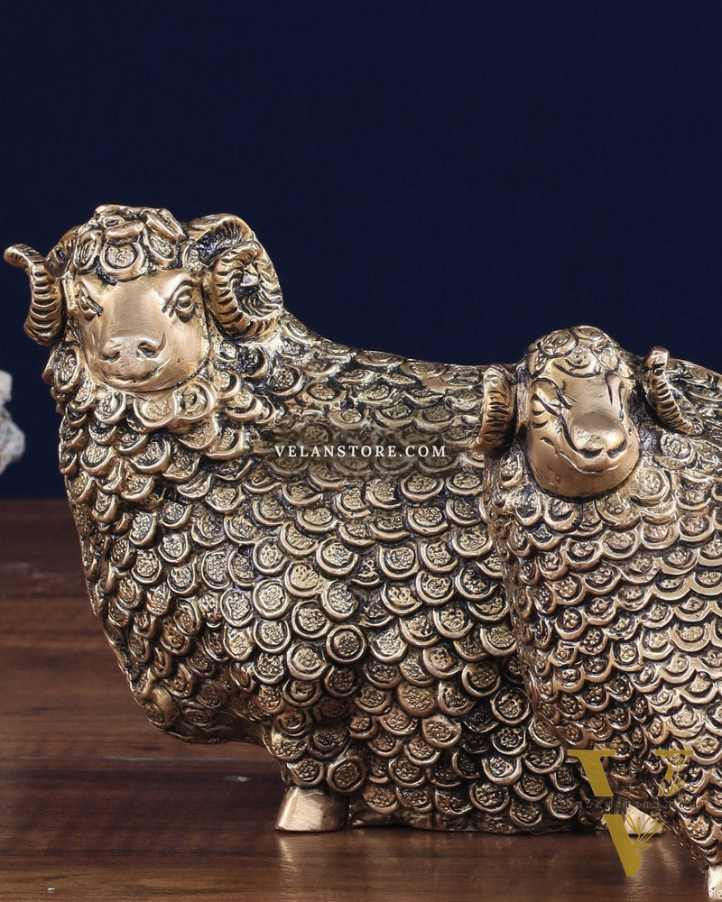 Pure Brass Pair of Intricately Carved Sheep Figurines (Vastu Recommended)