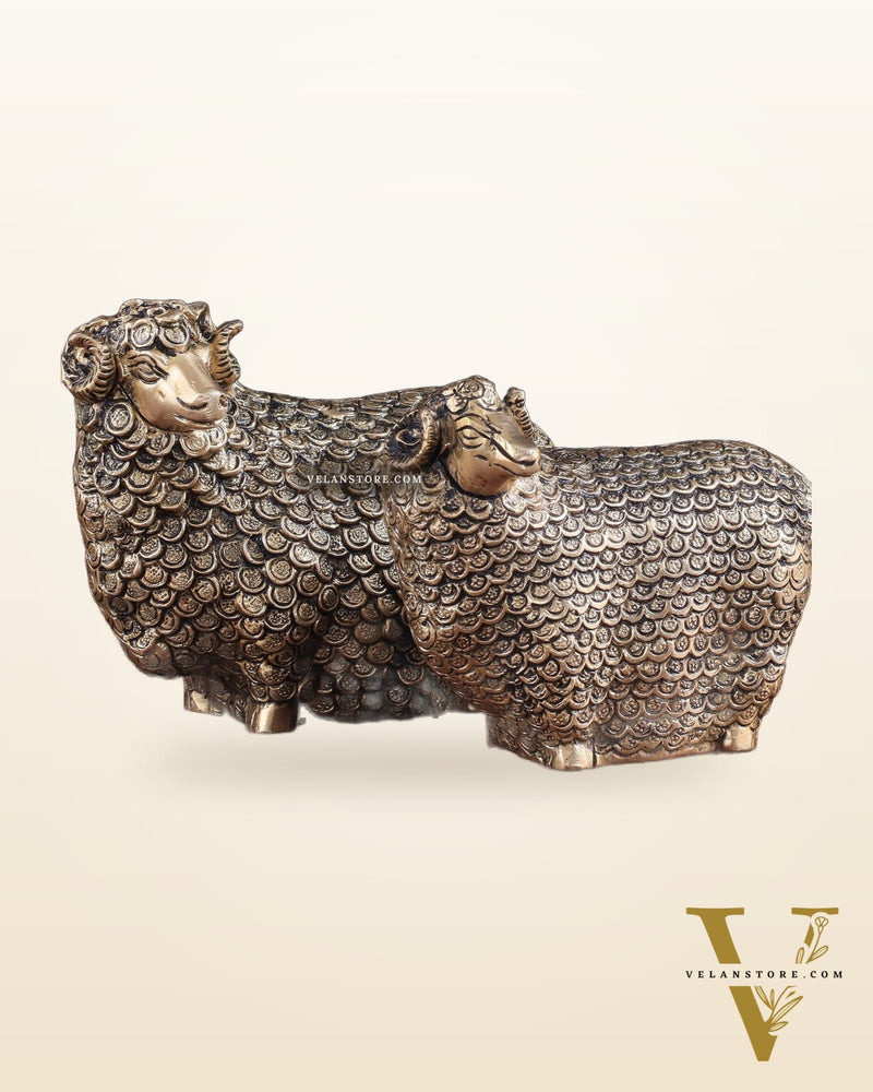 Pure Brass Pair of Intricately Carved Sheep Figurines (Vastu Recommended)