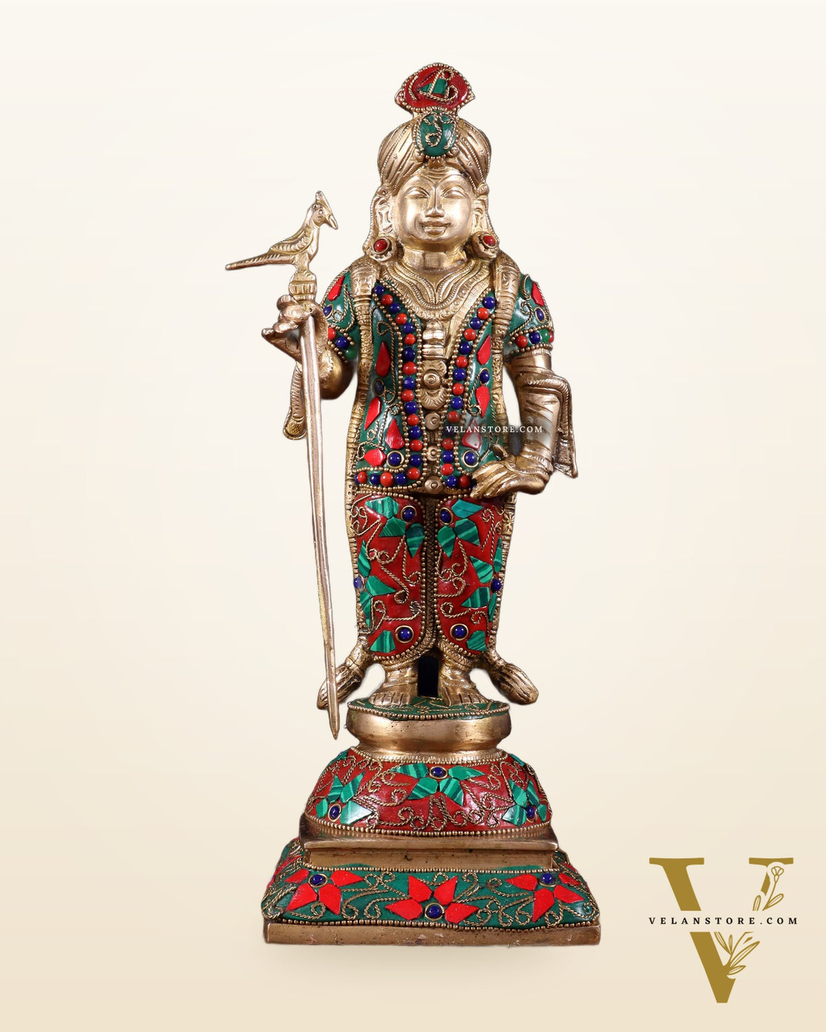 Pure Brass Palani Raja Alangaram Murugan Statue - 12" meenakari Stonework