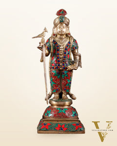 Pure Brass Palani Raja Alangaram Murugan Statue - 12" meenakari Stonework