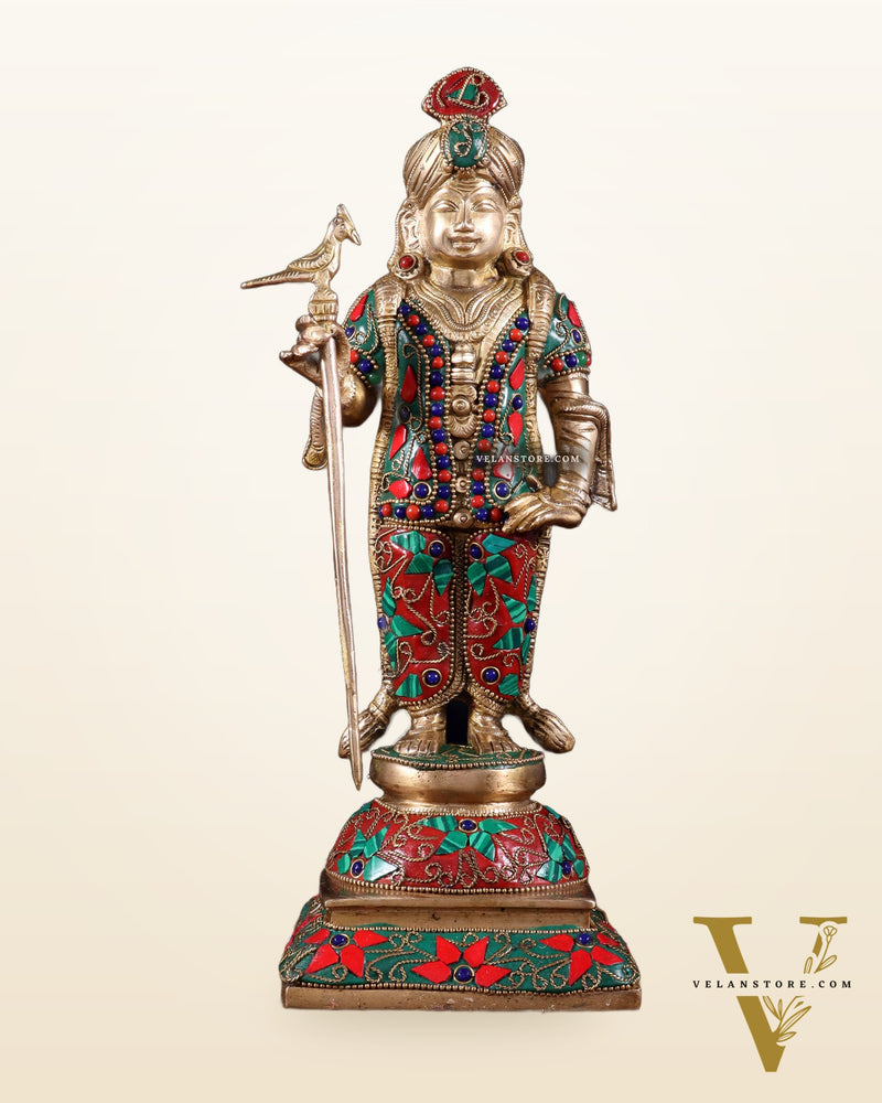Pure Brass Palani Raja Alangaram Murugan Statue - 12" meenakari Stonework