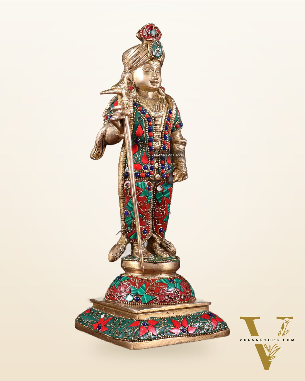 Pure Brass Palani Raja Alangaram Murugan Statue - 12" meenakari Stonework