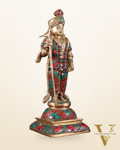 Pure Brass Palani Raja Alangaram Murugan Statue - 12" meenakari Stonework