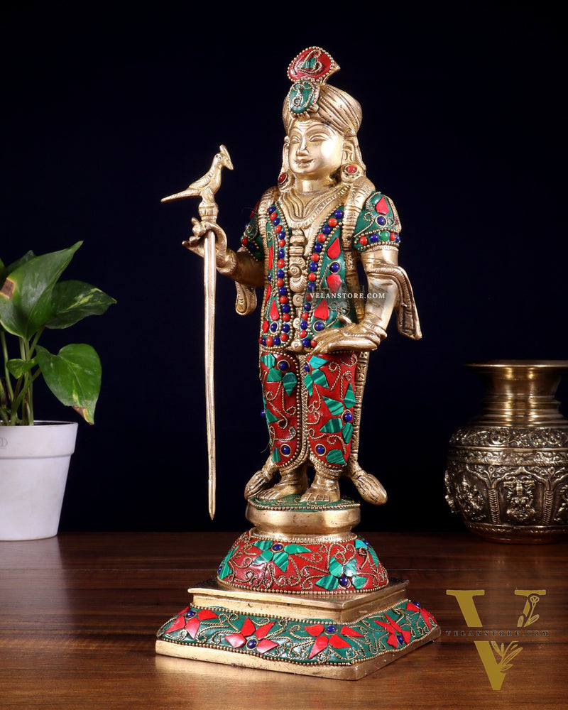 Pure Brass Palani Raja Alangaram Murugan Statue - 12" meenakari Stonework