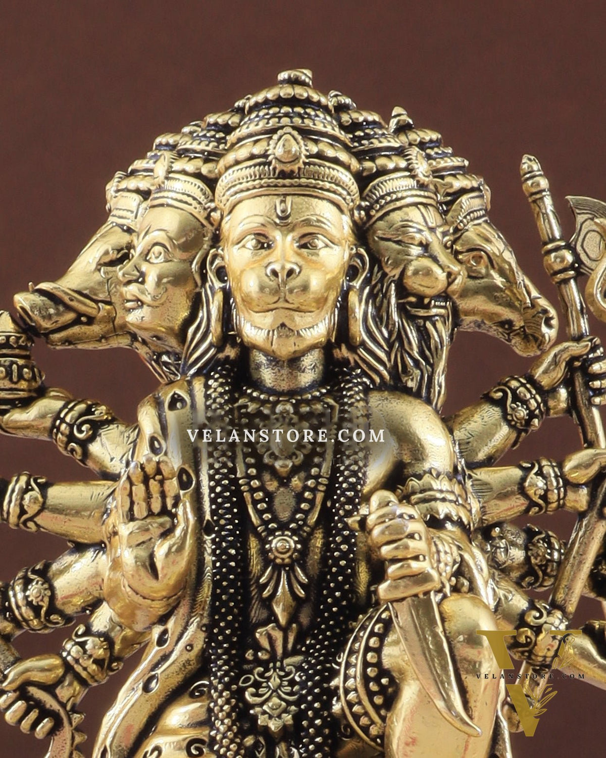 Pure Brass Panchmukhi Hanuman Idol - 4 inch golden tone