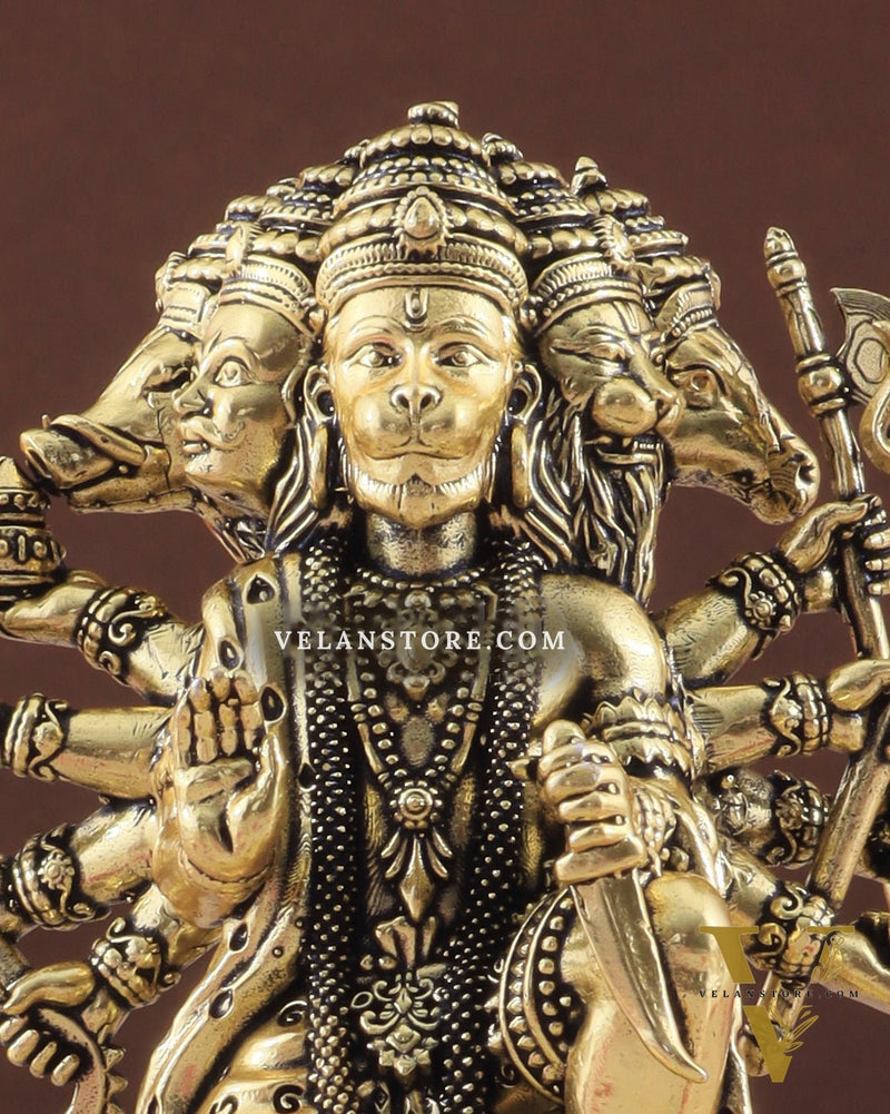 Pure Brass Panchmukhi Hanuman Idol - 4 inch golden tone