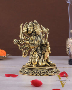 Pure Brass Panchmukhi Hanuman Idol - 4 inch golden tone
