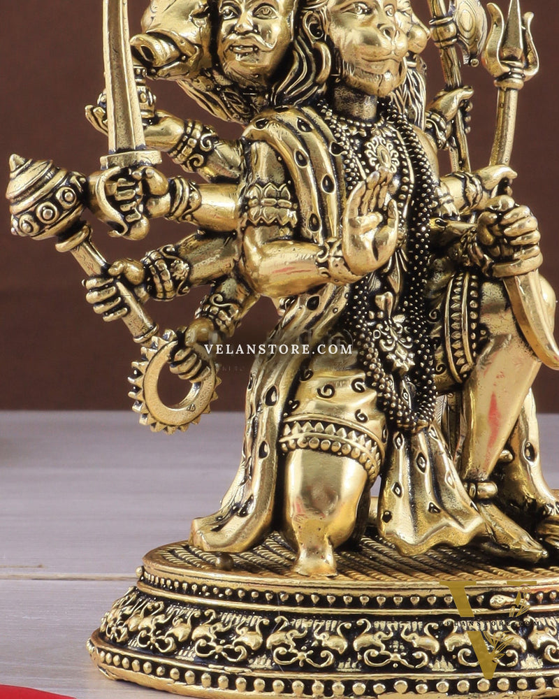Pure Brass Panchmukhi Hanuman Idol - 4 inch golden tone