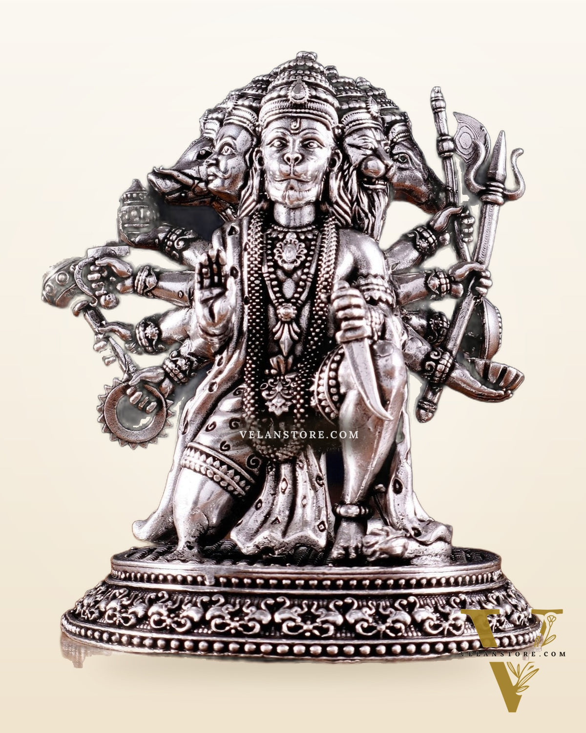 Pure Brass Panchmukhi Hanuman Idol - 4.5 inch silver plated