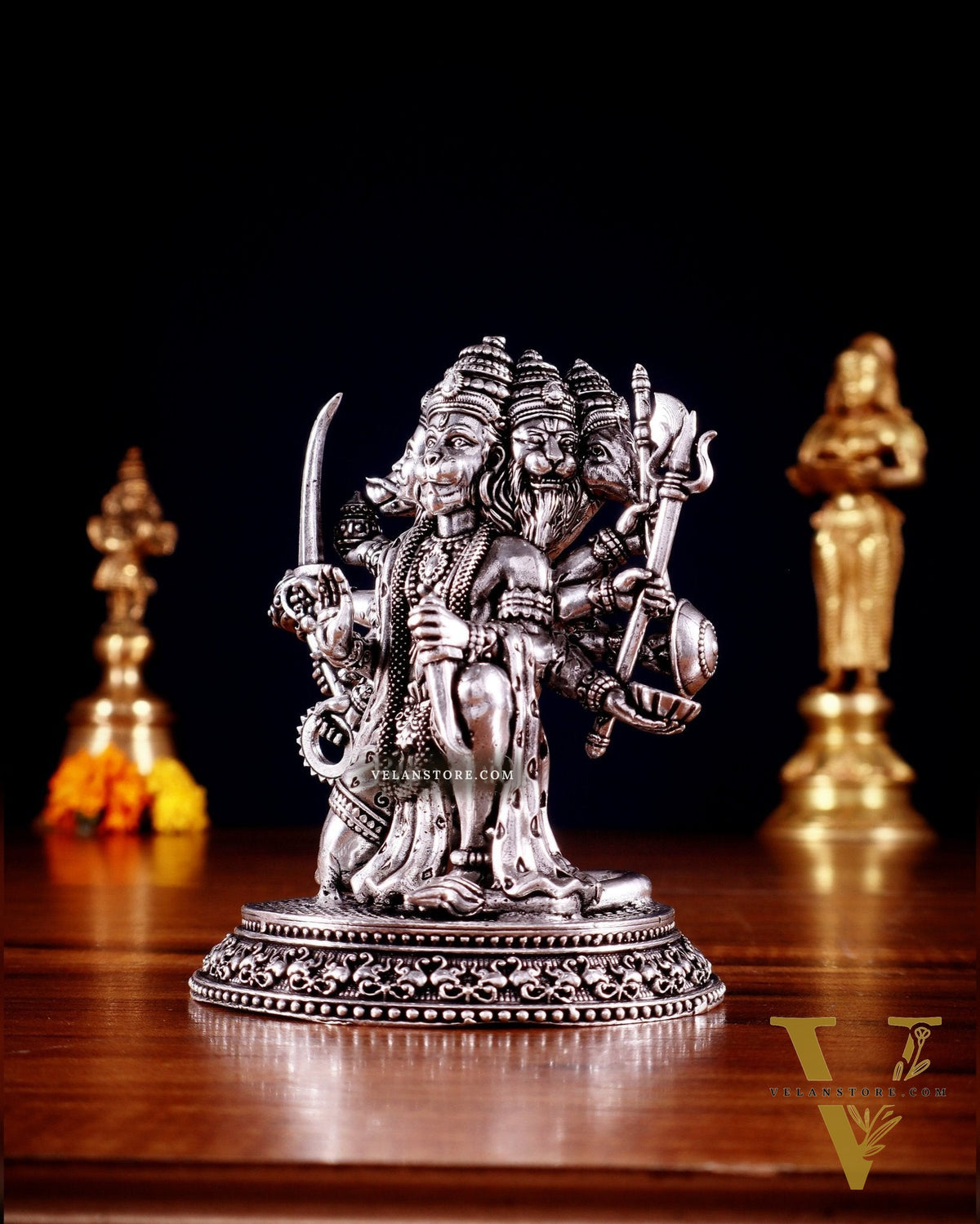 Pure Brass Panchmukhi Hanuman Idol - 4.5 inch silver plated