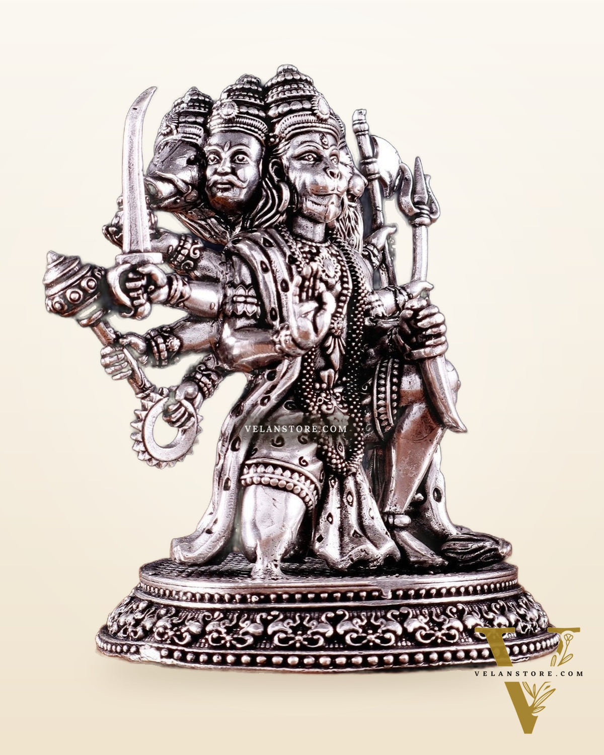 Pure Brass Panchmukhi Hanuman Idol - 4.5 inch silver plated