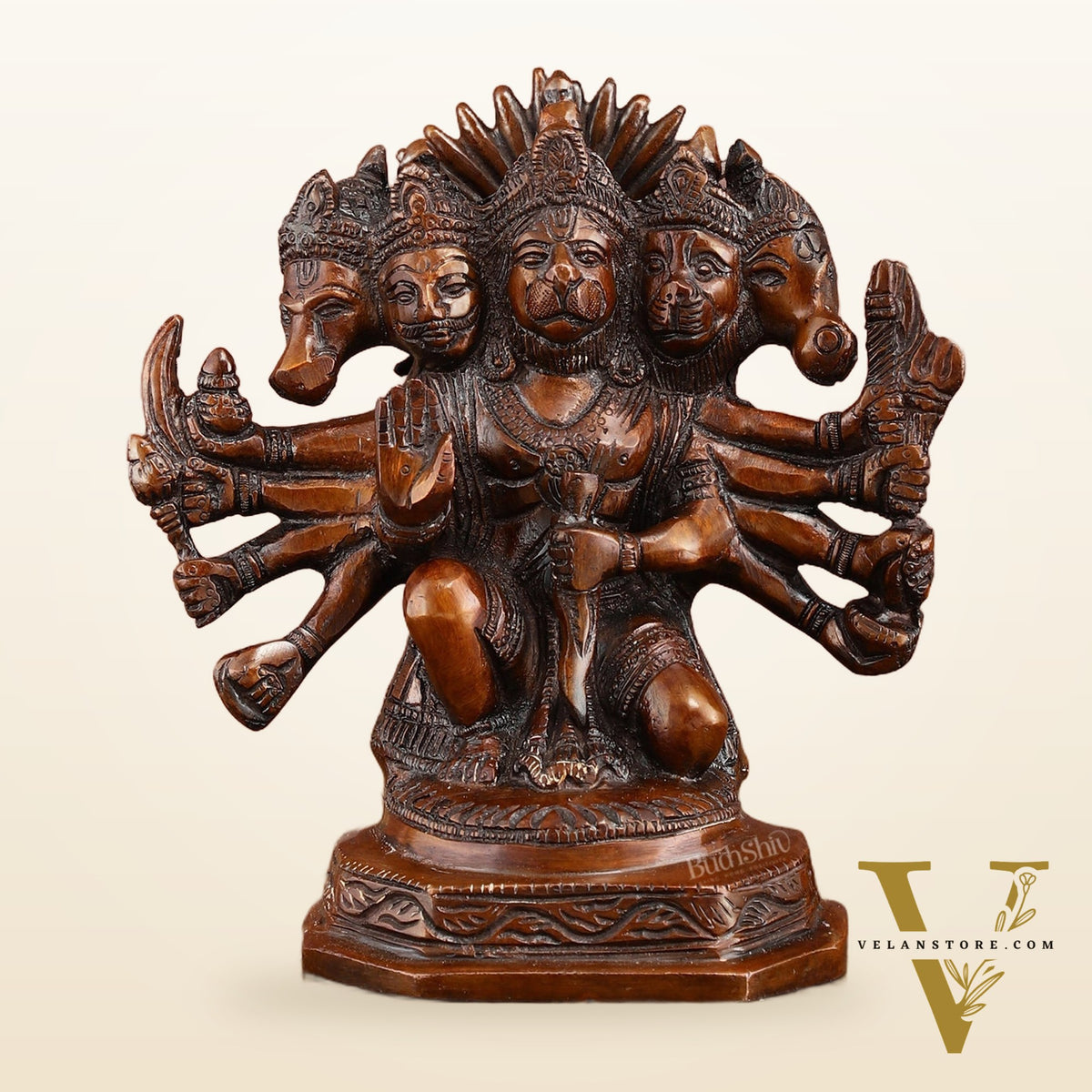 Pure Brass Panchmukhi Hanuman Statue | Deep Red Finish | 8 Inches
