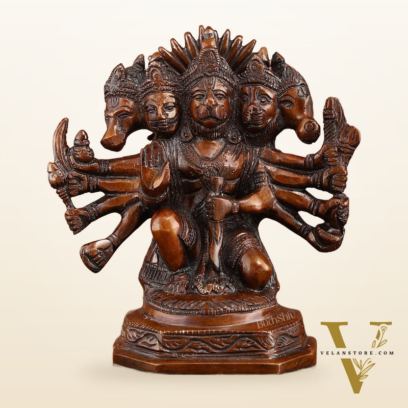 Pure Brass Panchmukhi Hanuman Statue | Deep Red Finish | 8 Inches