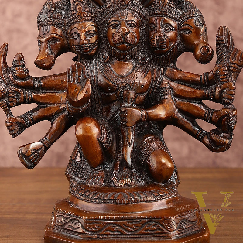 Pure Brass Panchmukhi Hanuman Statue | Deep Red Finish | 8 Inches