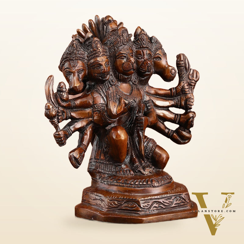 Pure Brass Panchmukhi Hanuman Statue | Deep Red Finish | 8 Inches