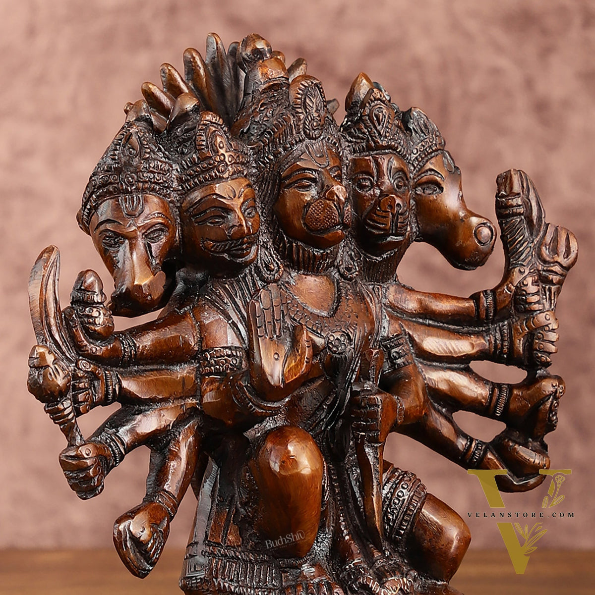 Pure Brass Panchmukhi Hanuman Statue | Deep Red Finish | 8 Inches