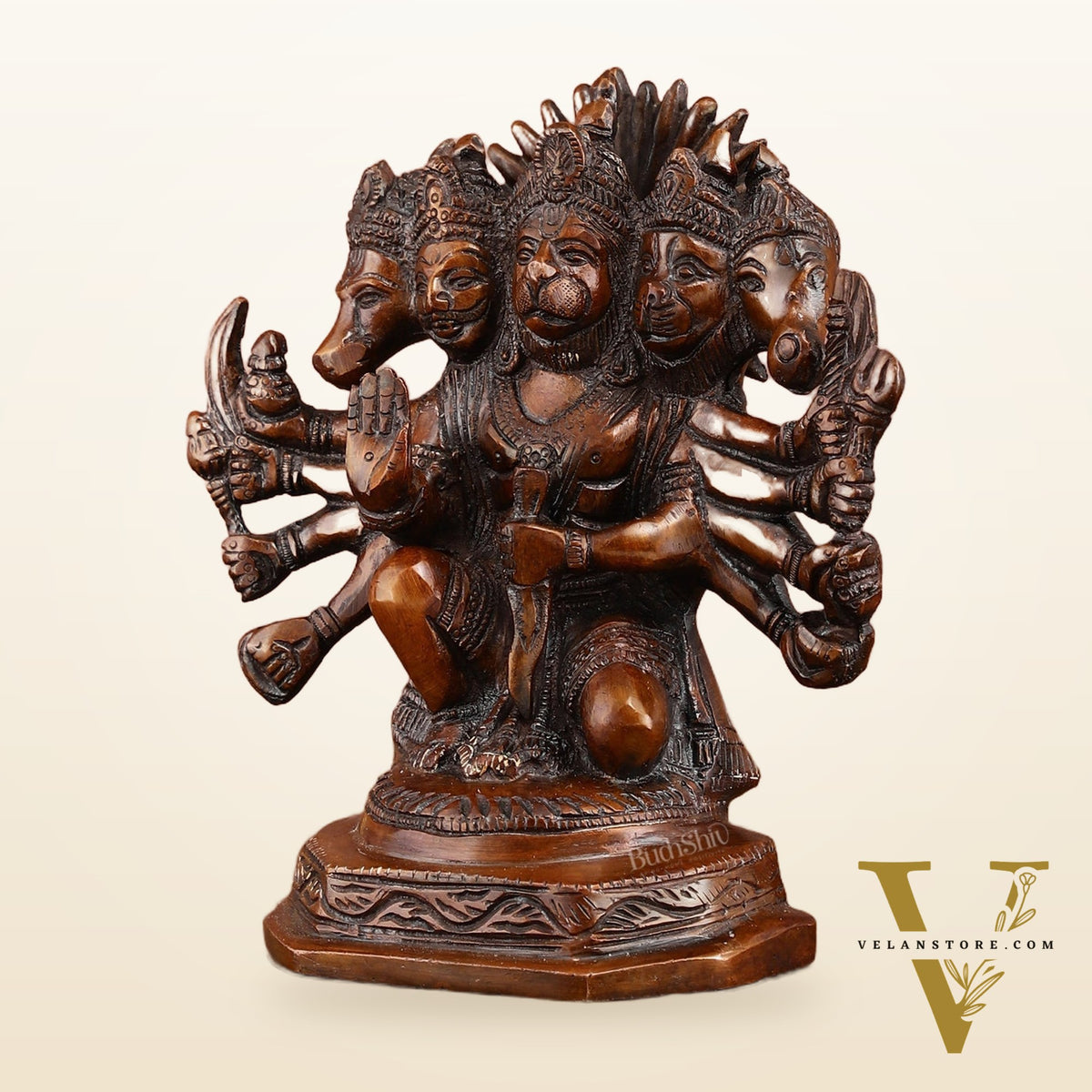Pure Brass Panchmukhi Hanuman Statue | Deep Red Finish | 8 Inches