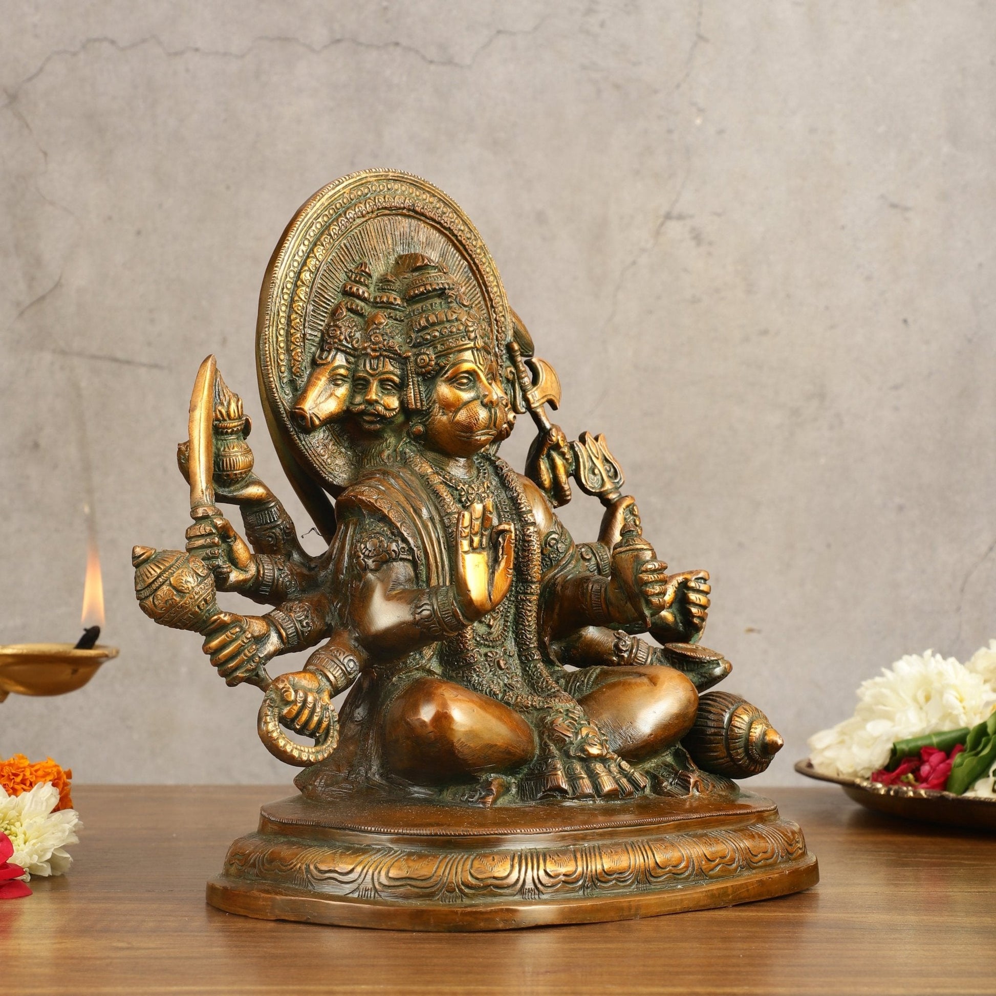 Pure Brass Panchmukhi Hanuman Statue with Crossed Legs 9.5 inch