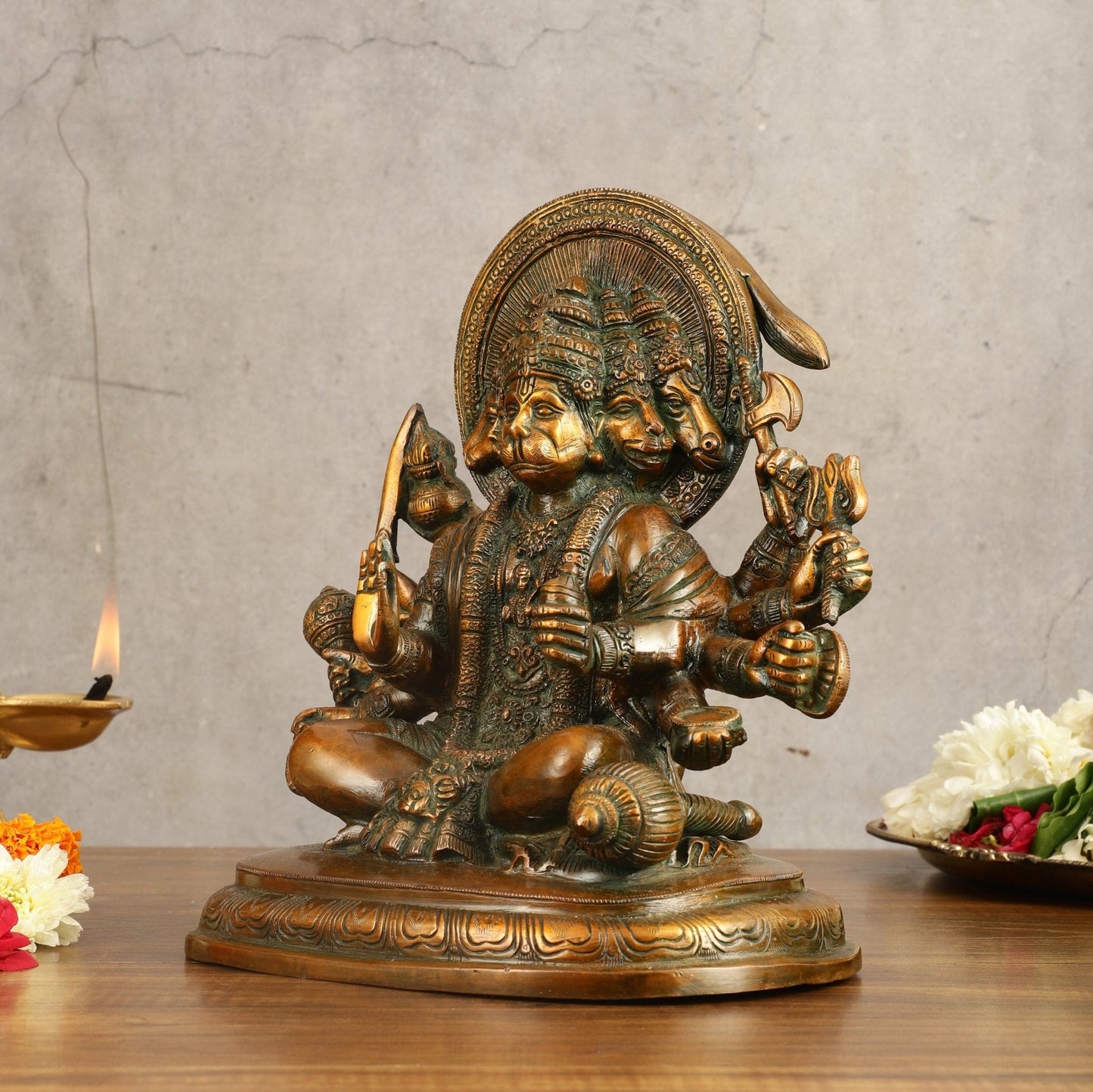 Pure Brass Panchmukhi Hanuman Statue with Crossed Legs 9.5 inch