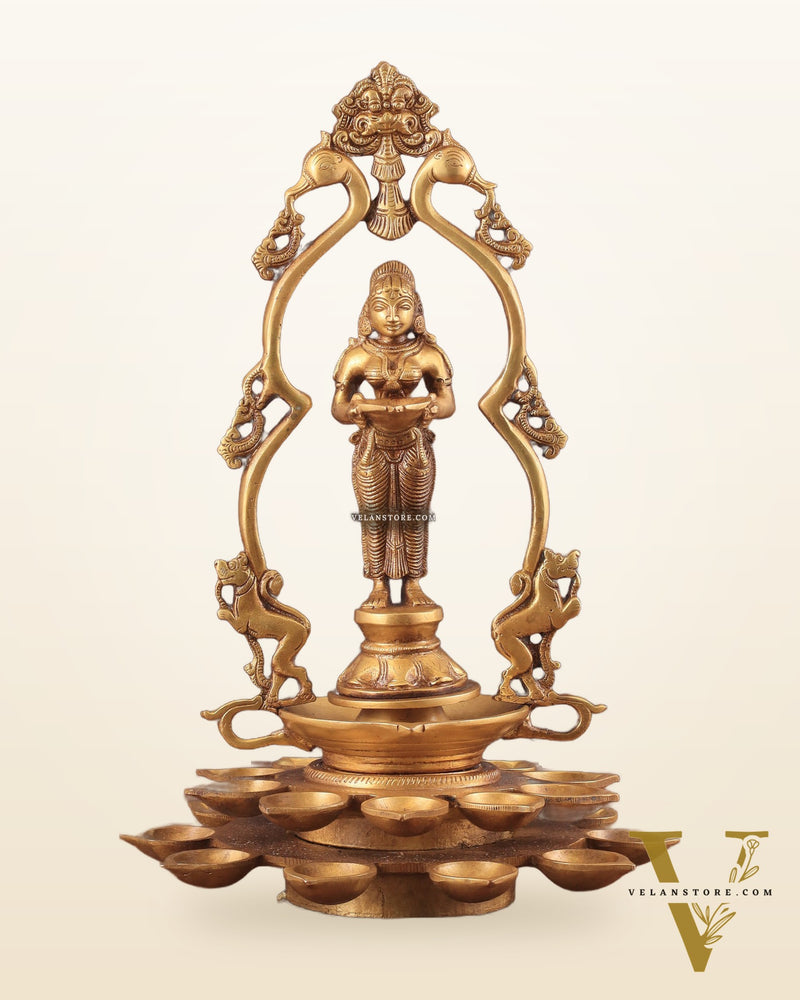 Pure Brass Pavai Deep Lady Lakshmi Statue with Multiple Diyas - 14"