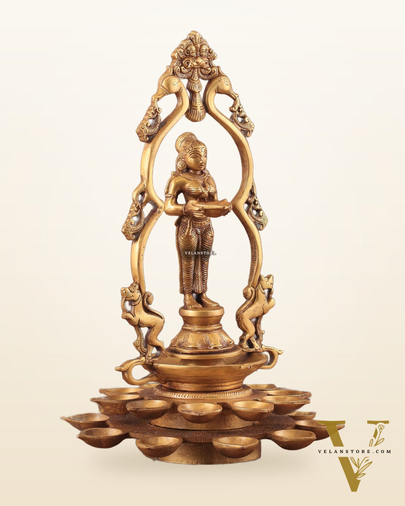 Pure Brass Pavai Deep Lady Lakshmi Statue with Multiple Diyas - 14"
