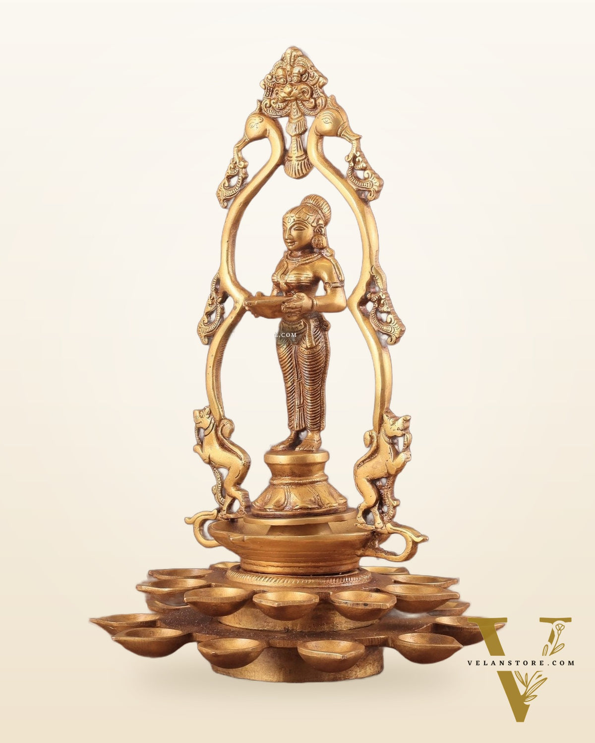 Pure Brass Pavai Deep Lady Lakshmi Statue with Multiple Diyas - 14"
