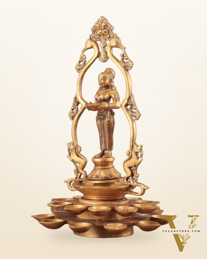Pure Brass Pavai Deep Lady Lakshmi Statue with Multiple Diyas - 14"