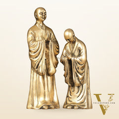 Pure Brass Peaceful Buddha Monk and Disciple Idol Set - 12 Inch