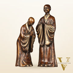 Pure Brass Peaceful Buddha Monk and Disciple Idol Set - 12 Inch