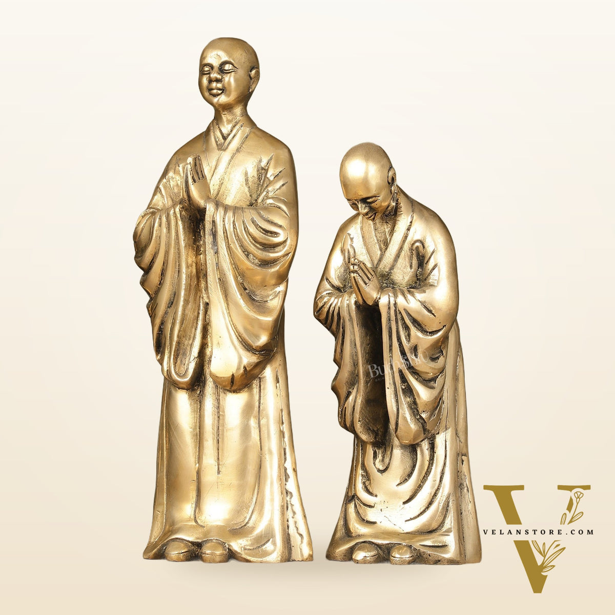 Pure Brass Peaceful Buddha Monk and Disciple Idol Set - 12 Inch