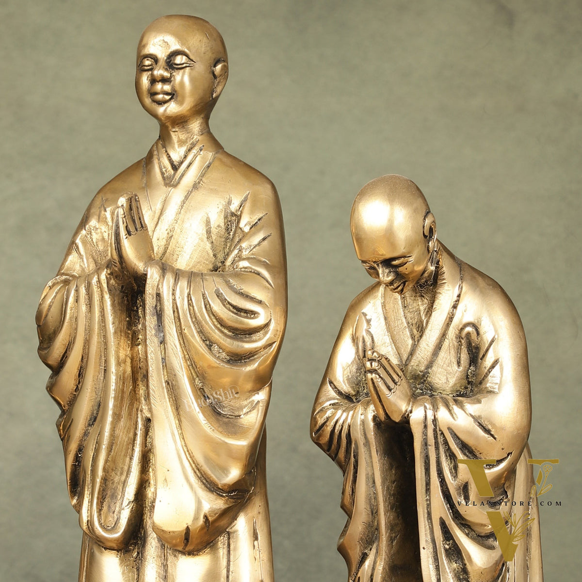 Pure Brass Peaceful Buddha Monk and Disciple Idol Set - 12 Inch