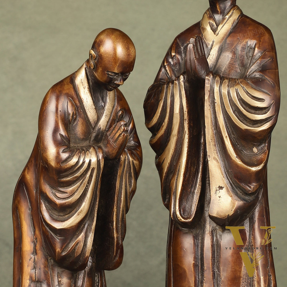Pure Brass Peaceful Buddha Monk and Disciple Idol Set - 12 Inch