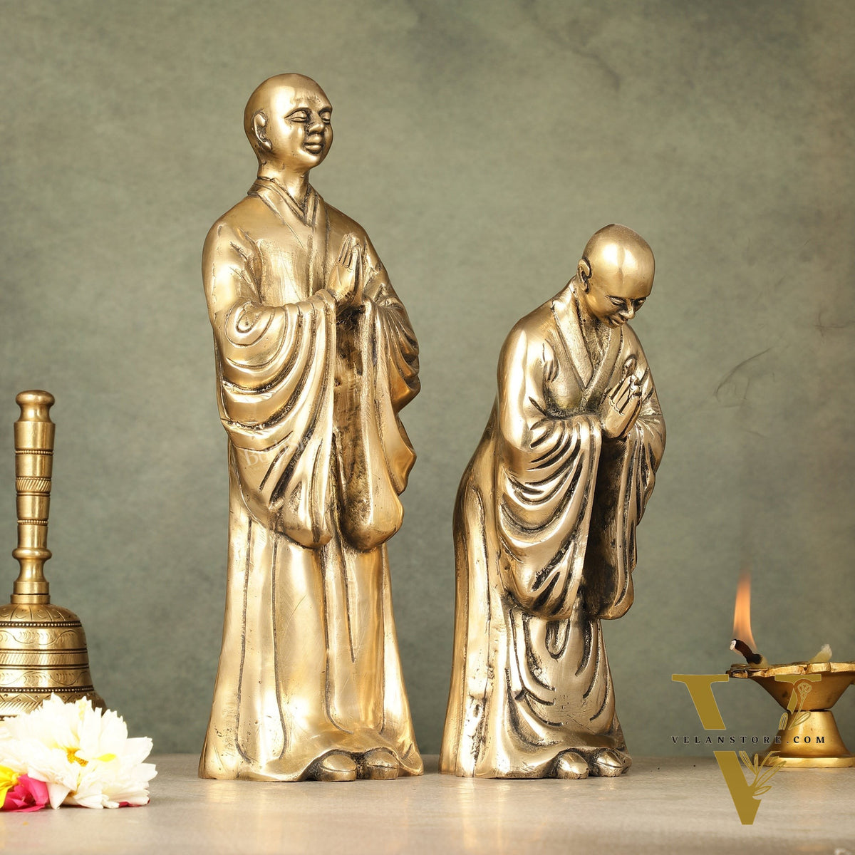 Pure Brass Peaceful Buddha Monk and Disciple Idol Set - 12 Inch