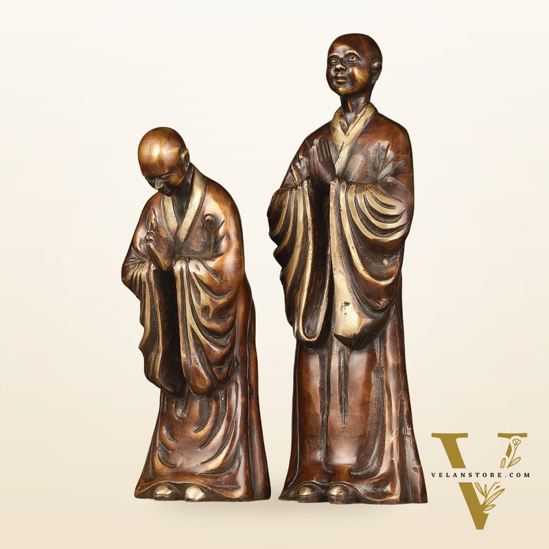 Pure Brass Peaceful Buddha Monk and Disciple Idol Set - 12 Inch