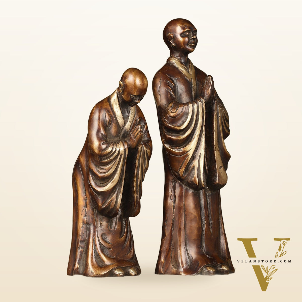 Pure Brass Peaceful Buddha Monk and Disciple Idol Set - 12 Inch