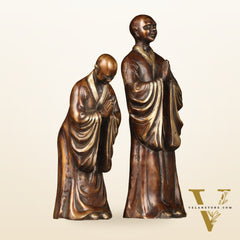 Pure Brass Peaceful Buddha Monk and Disciple Idol Set - 12 Inch