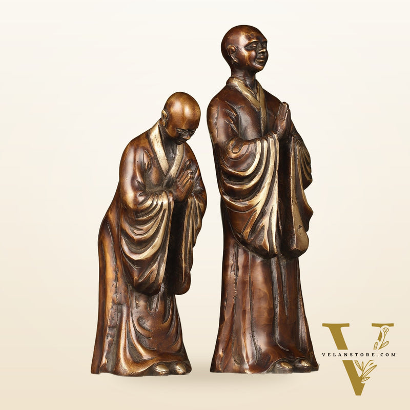 Pure Brass Peaceful Buddha Monk and Disciple Idol Set - 12 Inch