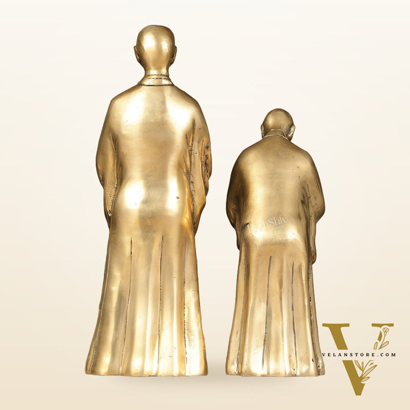 Pure Brass Peaceful Buddha Monk and Disciple Idol Set - 12 Inch