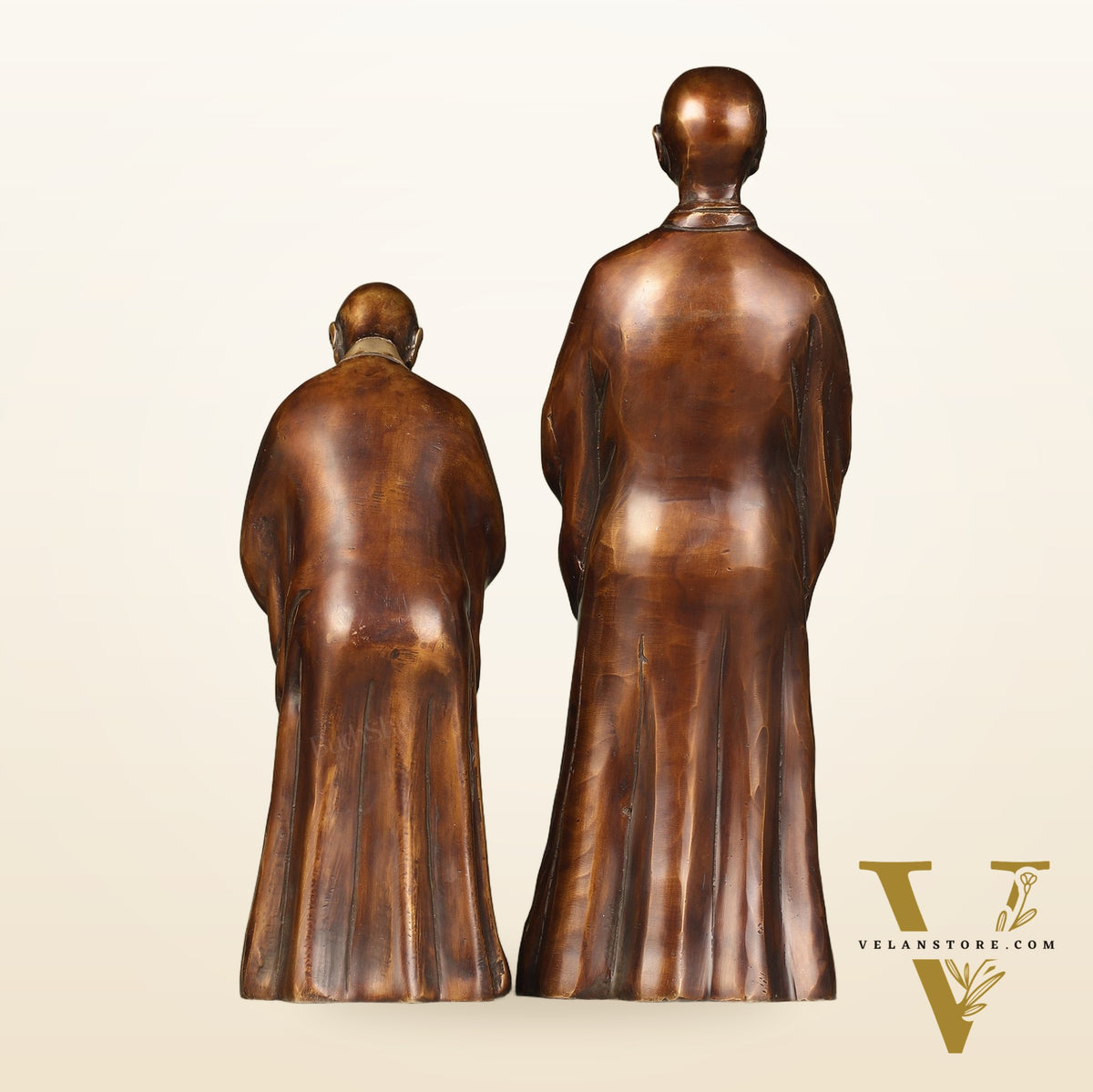 Pure Brass Peaceful Buddha Monk and Disciple Idol Set - 12 Inch
