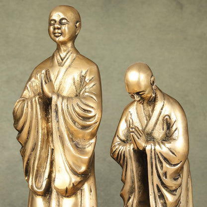 Pure Brass Peaceful Buddha Monk and Disciple Idol Set - 12 Inch