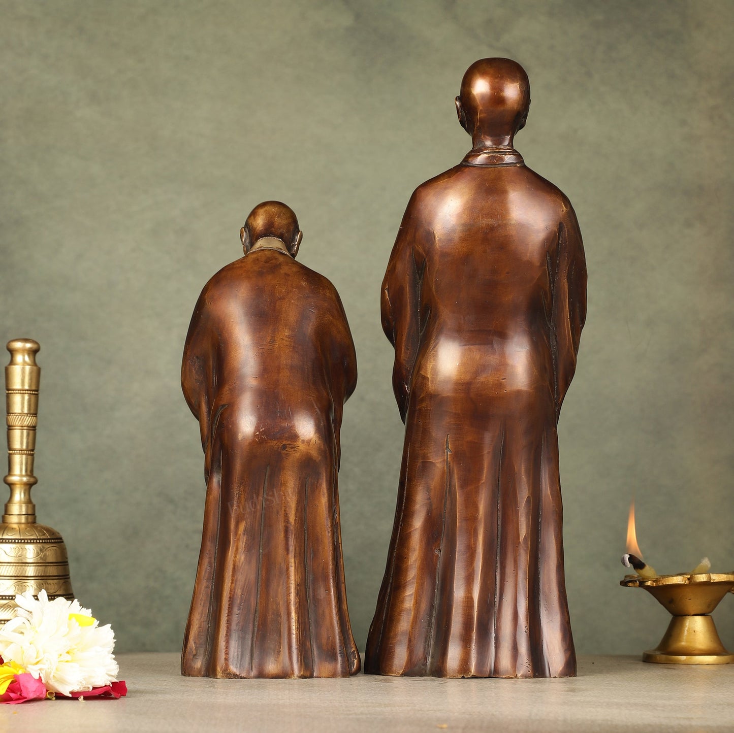 Pure Brass Peaceful Buddha Monk and Disciple Idol Set - 12 Inch