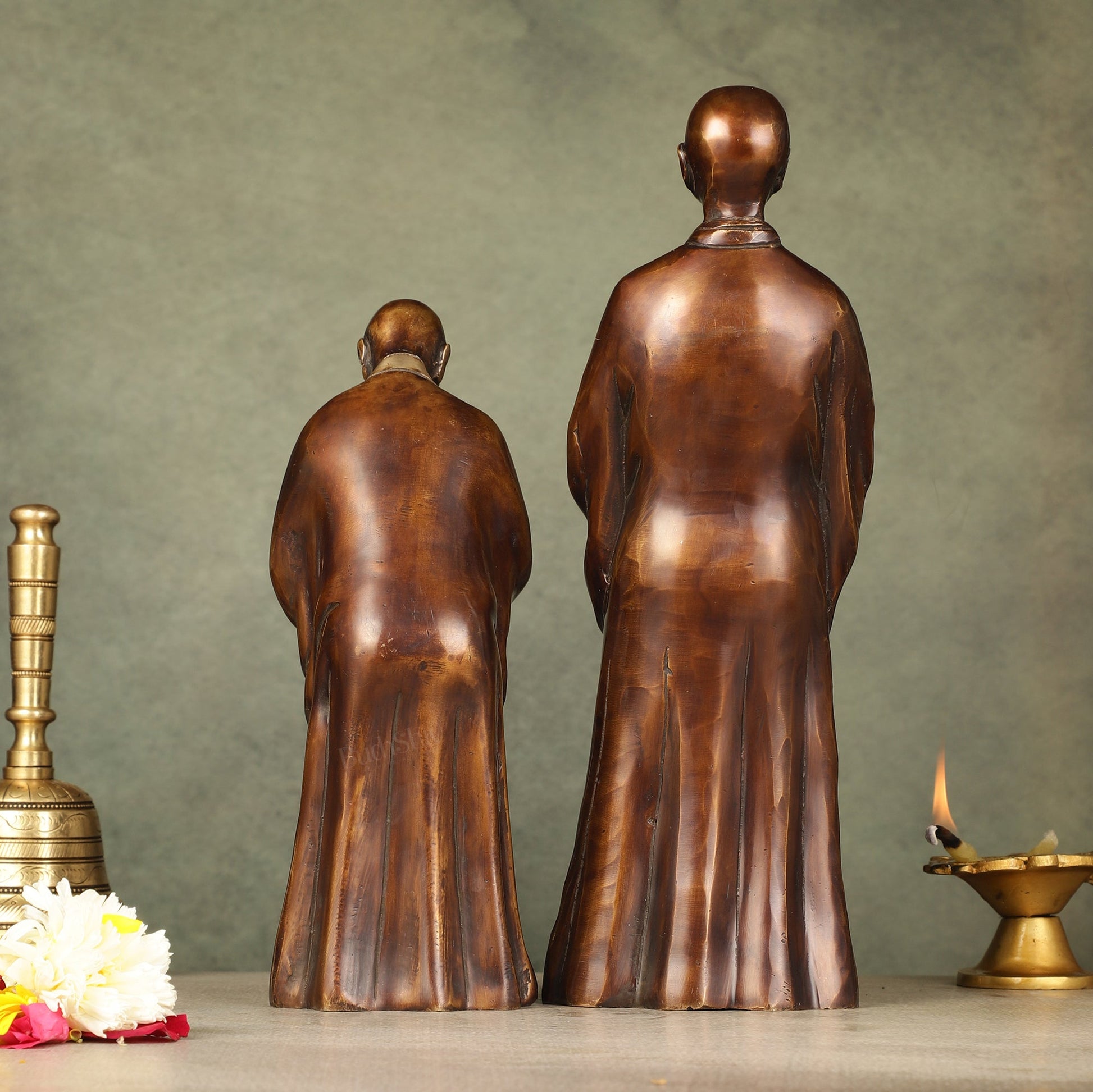 Pure Brass Peaceful Buddha Monk and Disciple Idol Set - 12 Inch