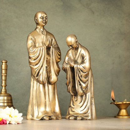 Pure Brass Peaceful Buddha Monk and Disciple Idol Set - 12 Inch