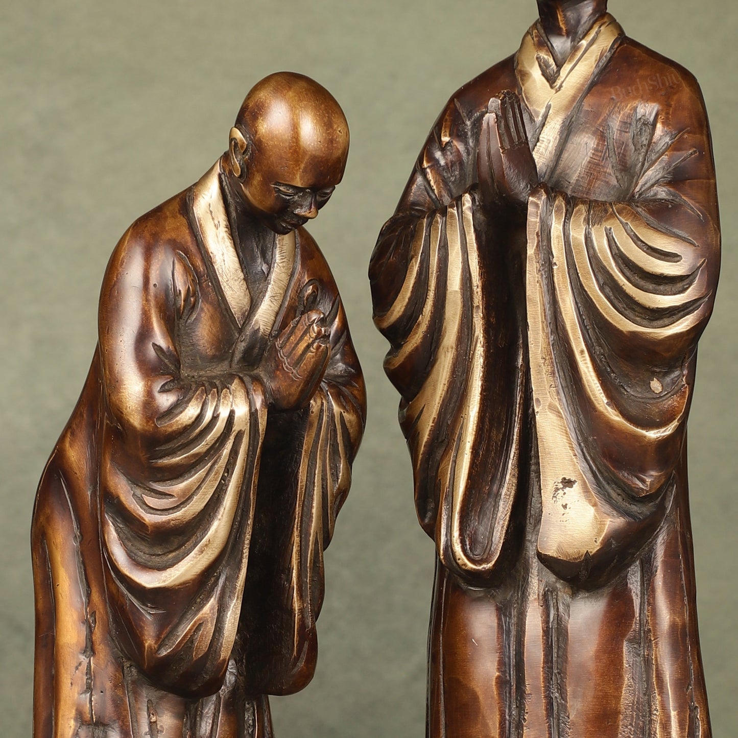 Pure Brass Peaceful Buddha Monk and Disciple Idol Set - 12 Inch